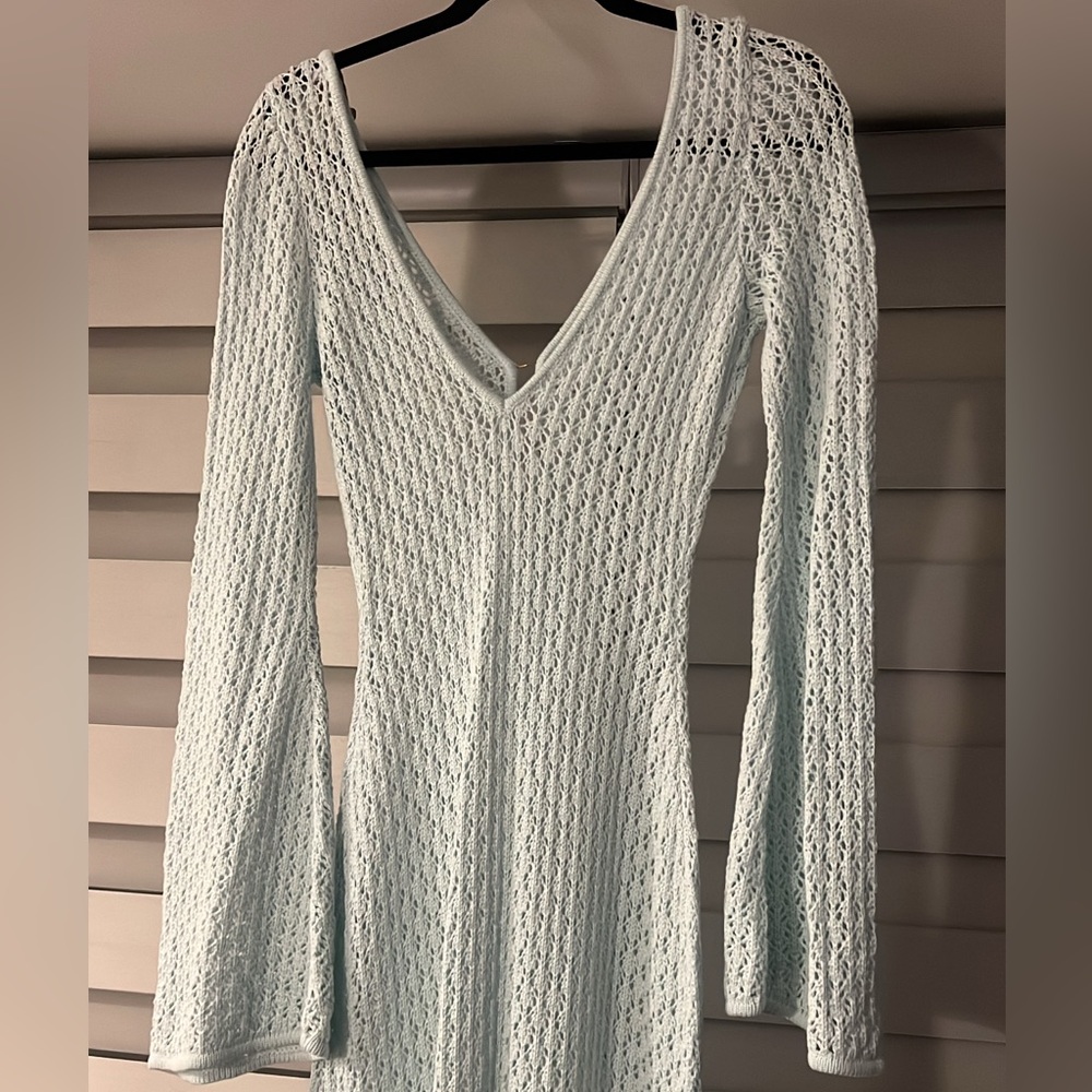 MESHKI Kayleigh Crochet Fishtail Flare Sleeve Maxi Dress - Arctic Blue - Picture 3 of 3